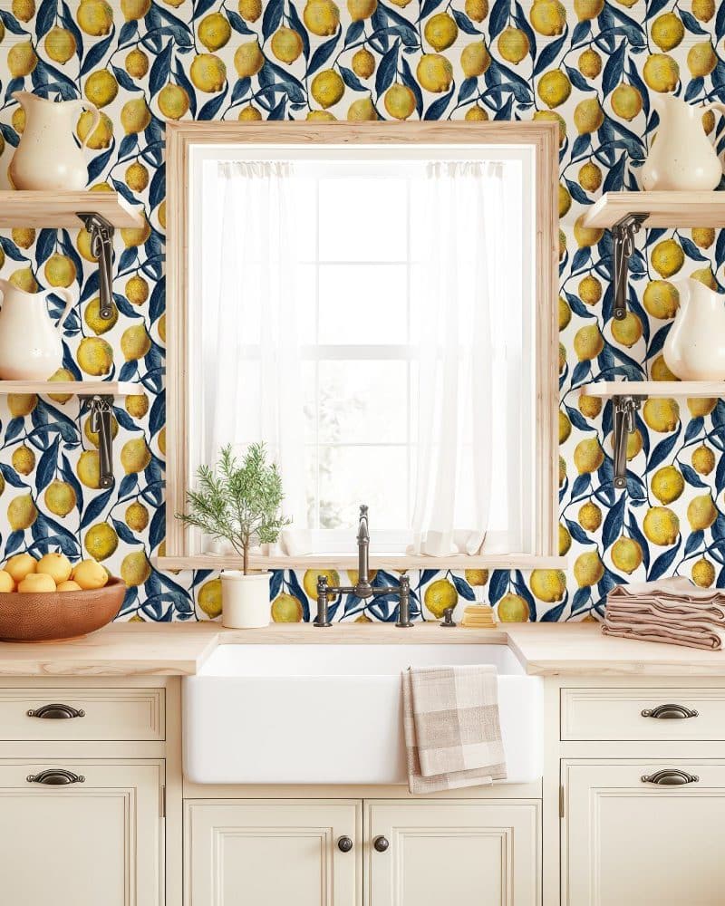Kitchen with lemon-patterned backsplash.
