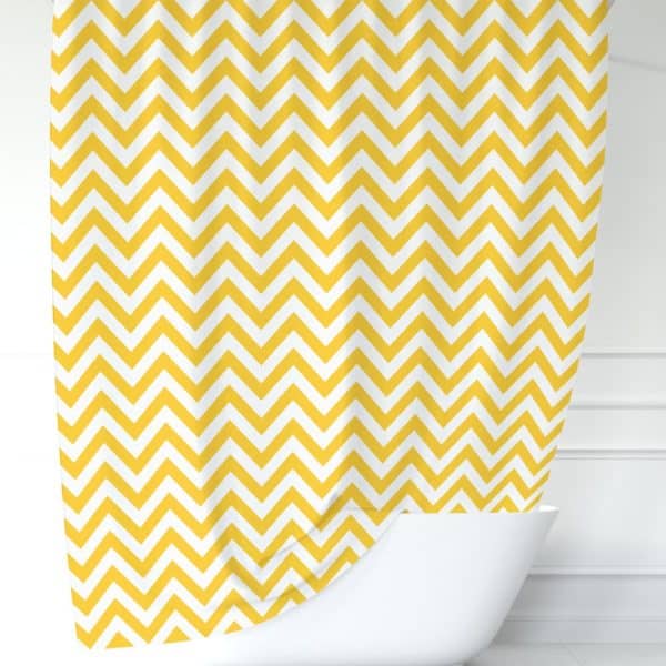 Yellow And White Chevron Patterned Shower Curtain.