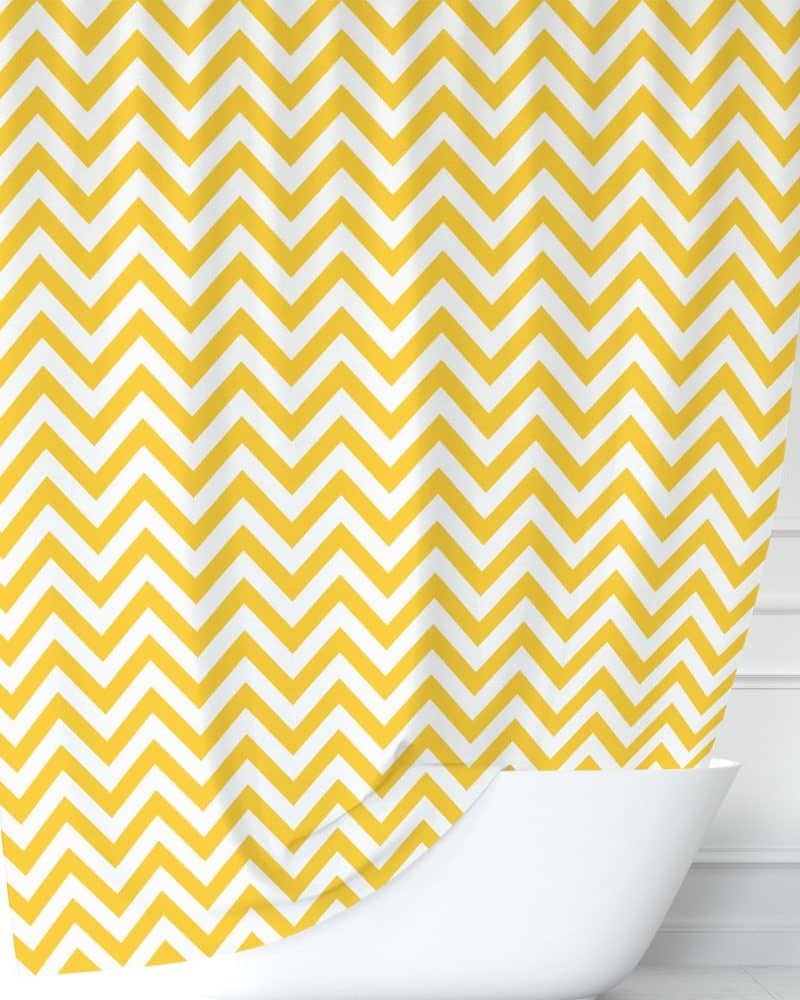 Yellow and white chevron patterned shower curtain.
