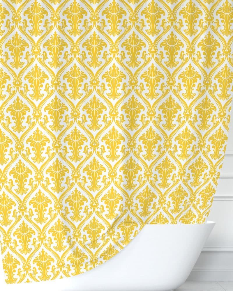 Yellow damask shower curtain.