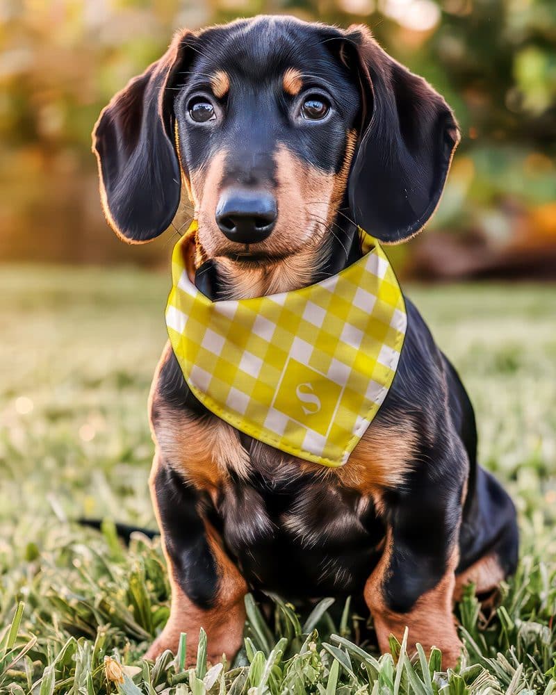 A black and tan dachshund puppy sitting in the grass, wearing a yellow gingham bandana.