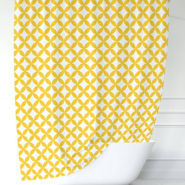 Yellow And White Patterned Shower Curtain.