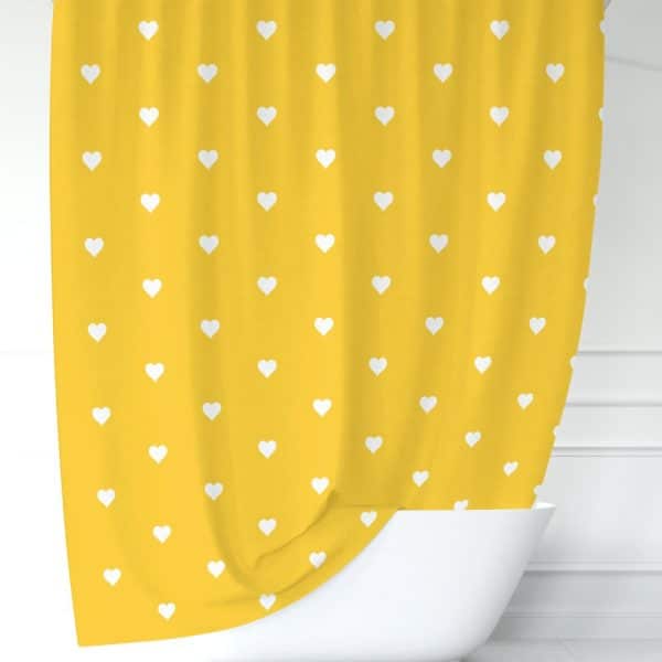 Mustard Yellow Shower Curtain With A Pattern Of Small White Hearts.