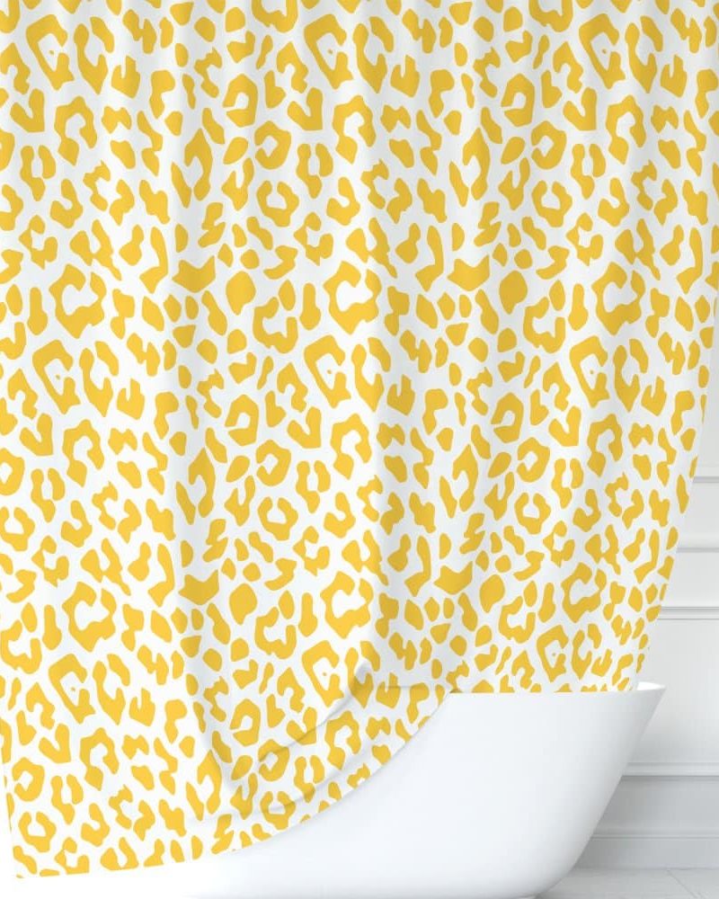 Yellow leopard print shower curtain.