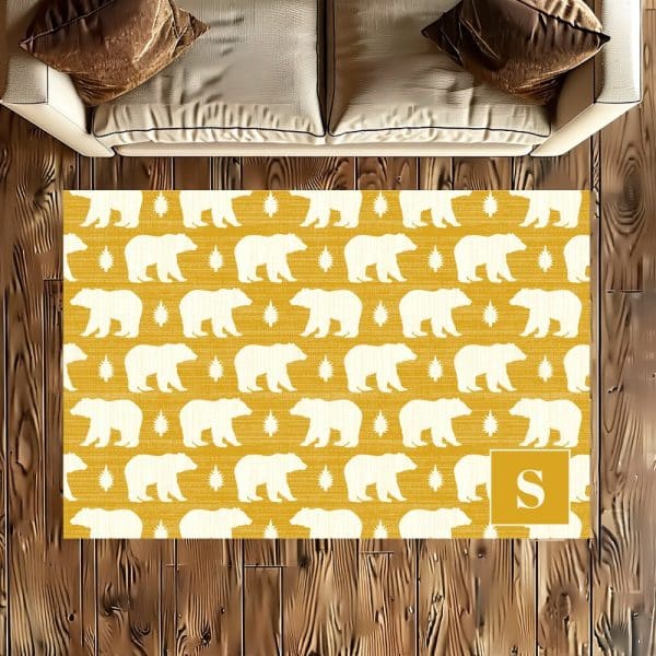 Mustard Yellow Rug With A Repeating Pattern Of White Bears And Stars, Personalized With A Monogrammed S.