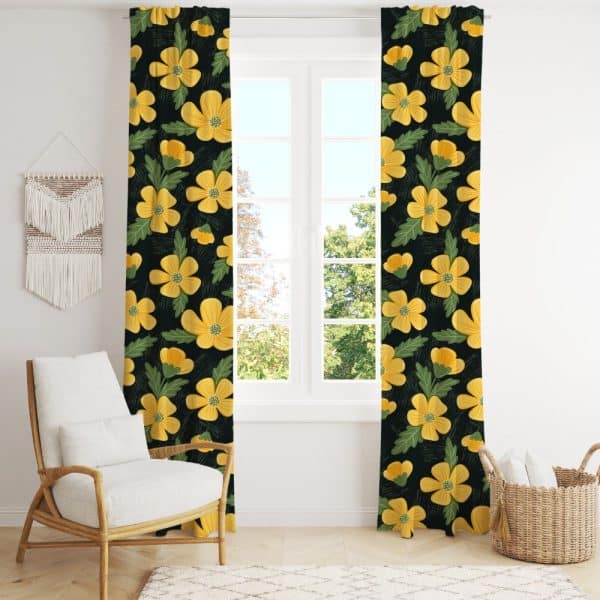 Pair Of Dark-Green Curtains With A Yellow Flower Pattern Hanging In Front Of A Window.
