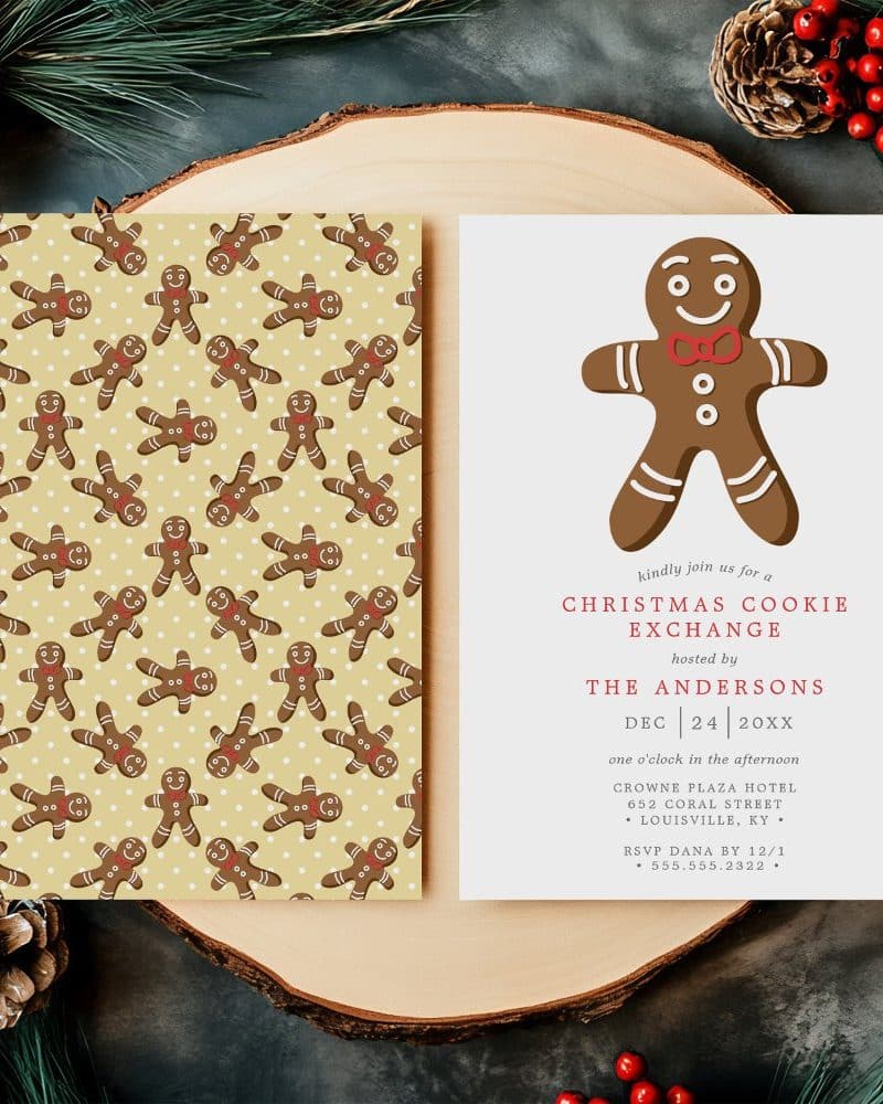 Christmas cookie exchange invitation with a gingerbread man illustration.