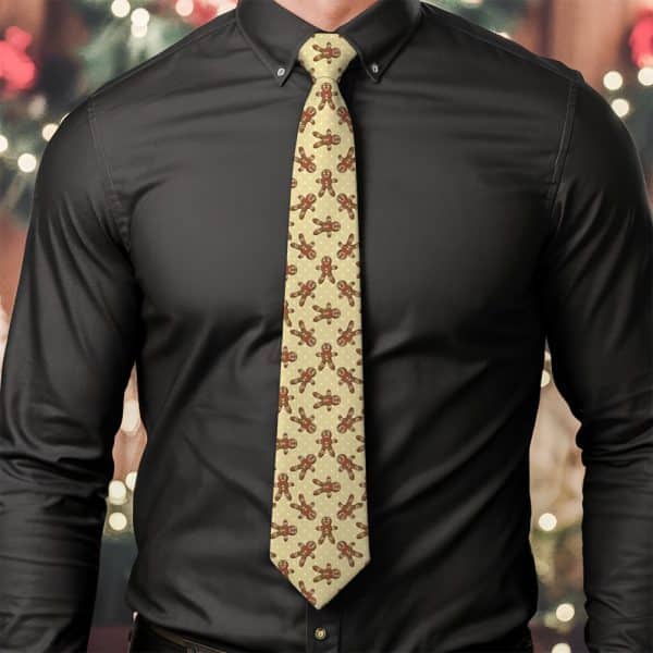Man Wearing A Beige Tie With A Repeating Pattern Of Gingerbread Men.