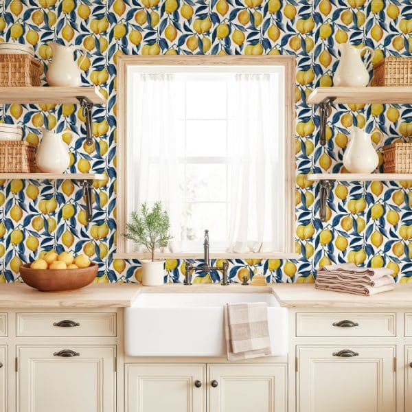 Kitchen Backsplash With A Lemon Pattern Wallpaper.