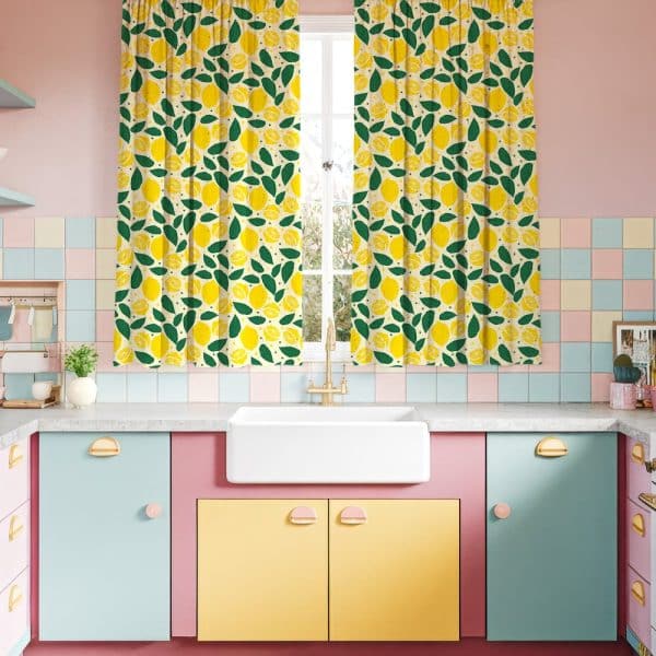 A Pair Of Lemon-Print Kitchen Curtains.