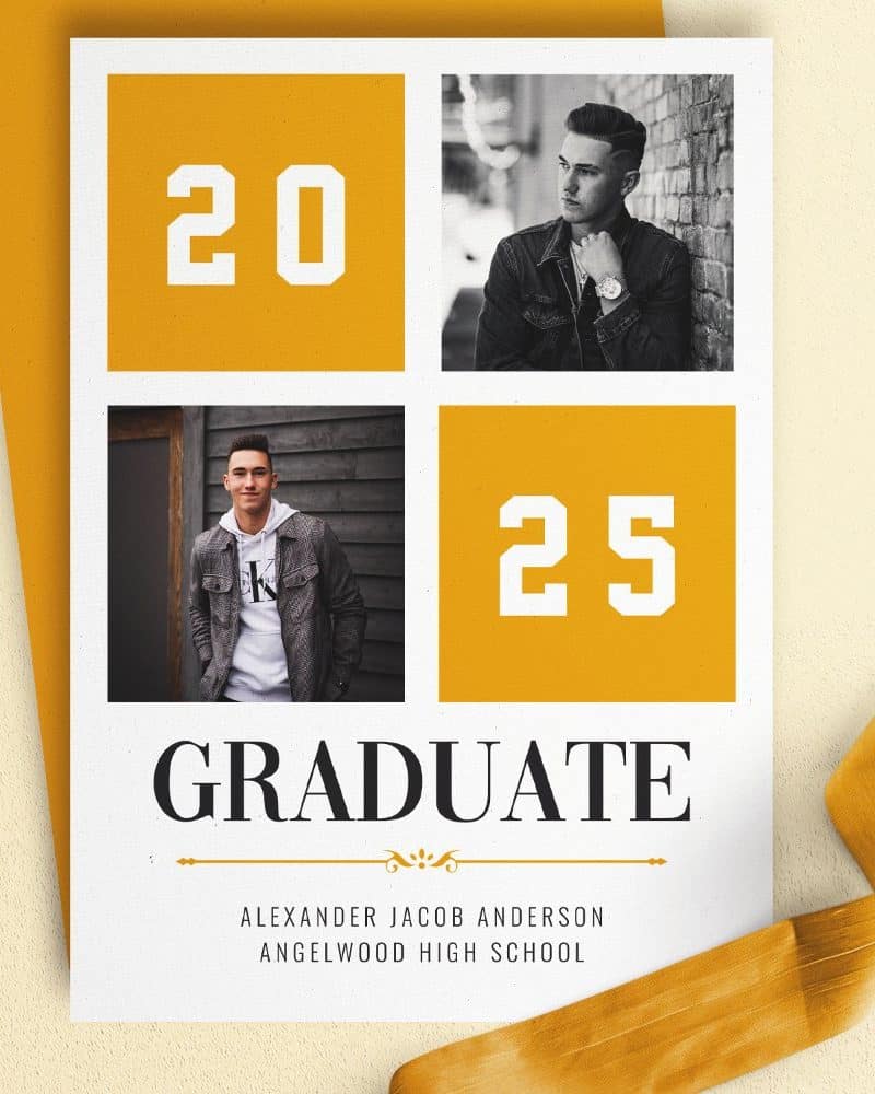 Graduation announcement for Alexander Jacob Anderson, Angelwood High School, class of 2025, featuring two photos of the graduate.