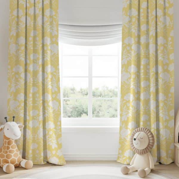 Yellow Floral Curtains With A White Floral Pattern Hang On A Window.