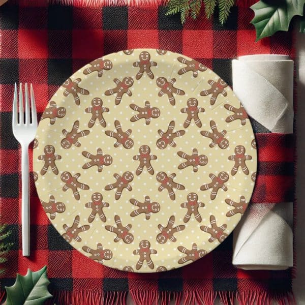 Paper Plate With A Pattern Of Gingerbread Men On A Beige Background.