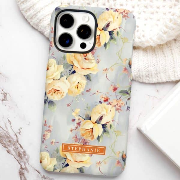 Iphone Case With A Pale Blue Floral Design Featuring Yellow Roses And The Name Stephanie.
