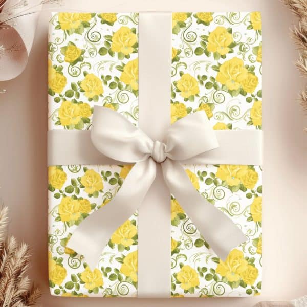 Gift Box Wrapped In Yellow Rose Floral Paper With A Cream-Colored Ribbon.