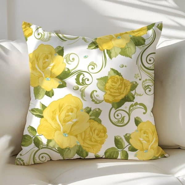Square Throw Pillow With Yellow Roses And Green Leafy Vines On A White Background.