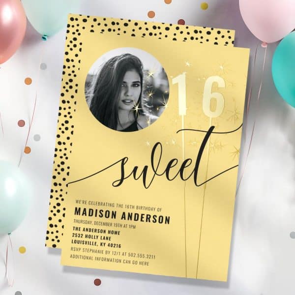 Sweet Sixteen Birthday Invitation Featuring A Photo Of The Birthday Girl And Gold Glitter Accents.