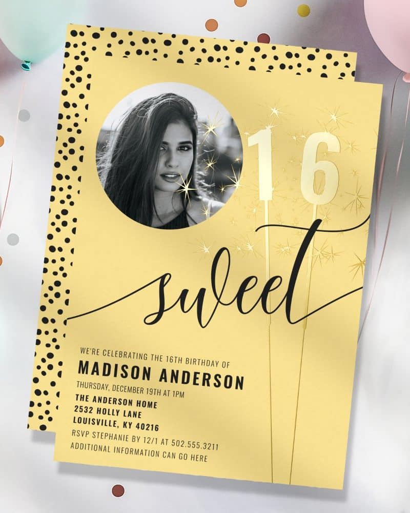 Sweet sixteen birthday invitation featuring a photo of the birthday girl and gold glitter accents.
