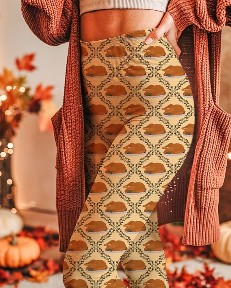 Person wearing Thanksgiving themed leggings featuring a repeating pattern of roasted turkeys on a tan background.