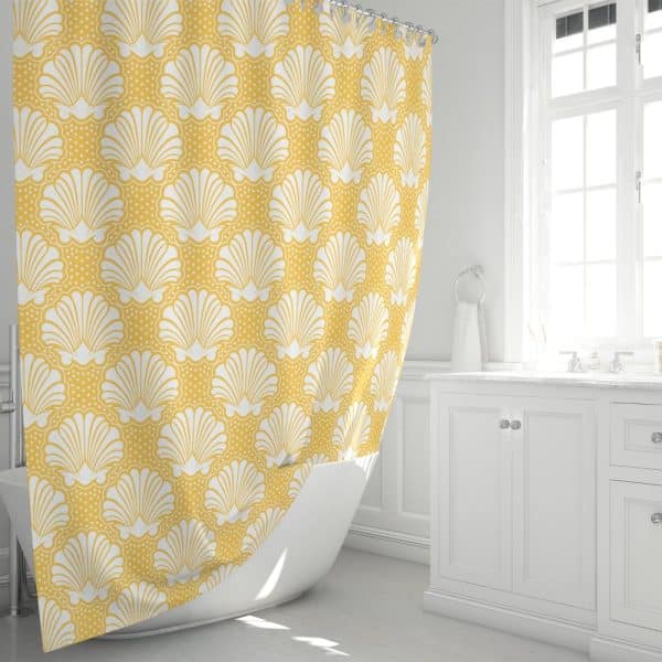 Mustard Yellow Shower Curtain With A White Seashell Pattern.