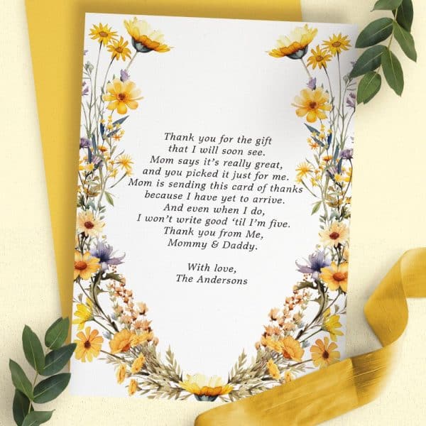 A Thank You Card With A Floral Border Featuring Yellow And Purple Wildflowers, Containing A Child'S Handwritten-Style Thank You Note To Their Gift-Giver.