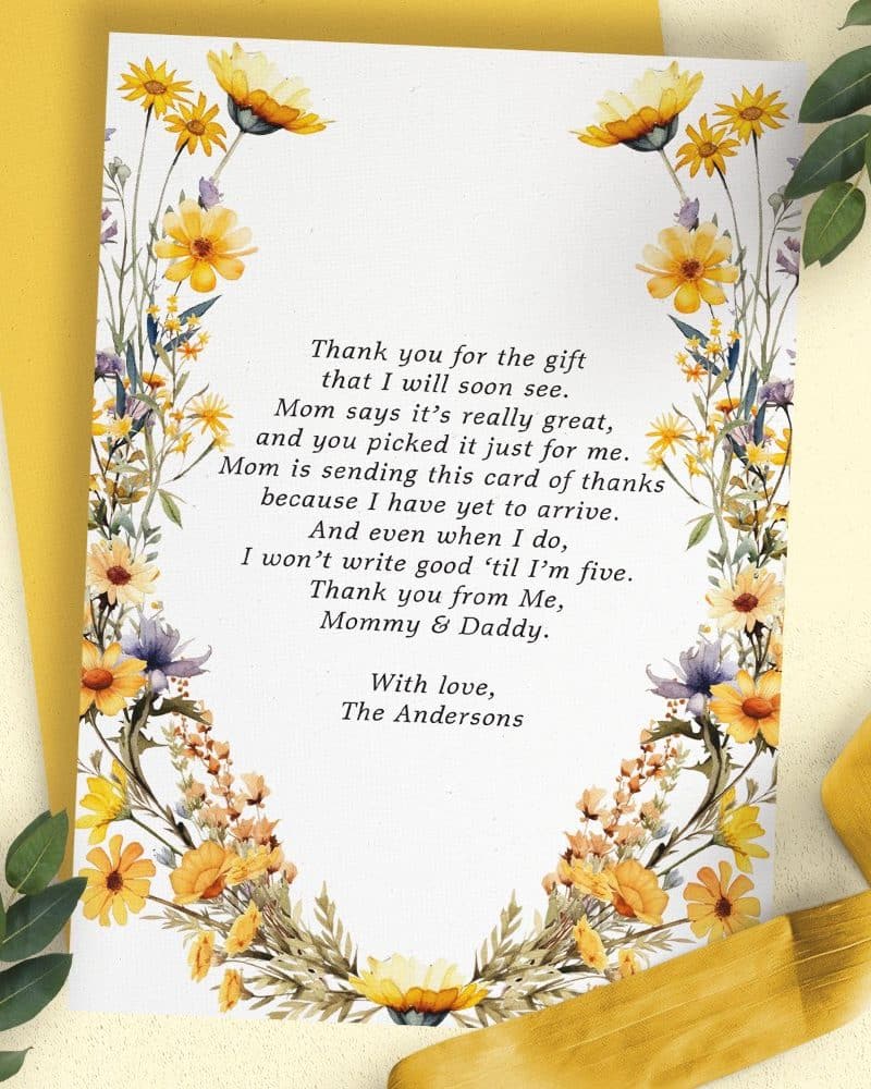 A thank you card with a floral border featuring yellow and purple wildflowers, containing a child's handwritten-style thank you note to their gift-giver.