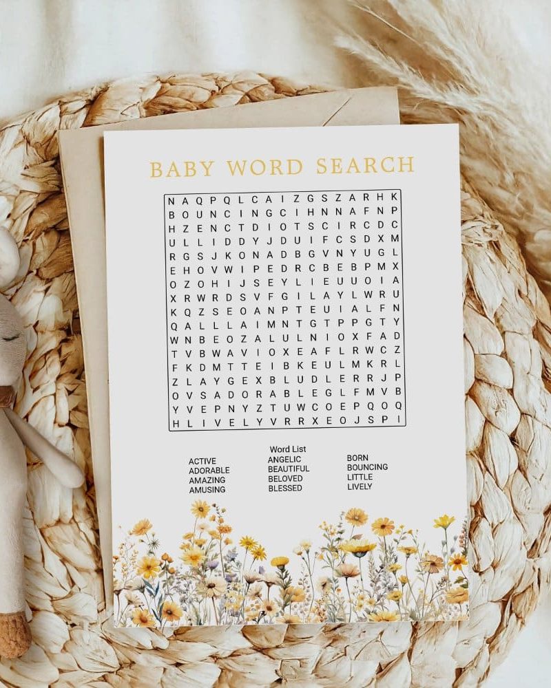 Baby word search puzzle with floral border.