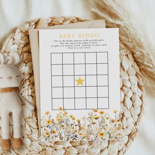 Baby Shower Bingo Card With A Floral Border.