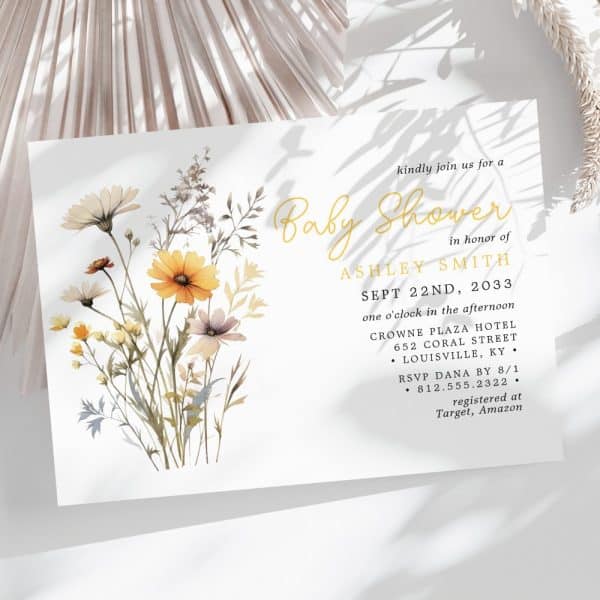 Baby Shower Invitation With Watercolor Wildflowers In Yellow And White.