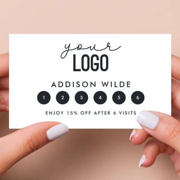 A Loyalty Card For Addison Wilde, Featuring A Space For A Logo And A Six-Visit Punch Card Offering 15% Off After The Sixth Visit.