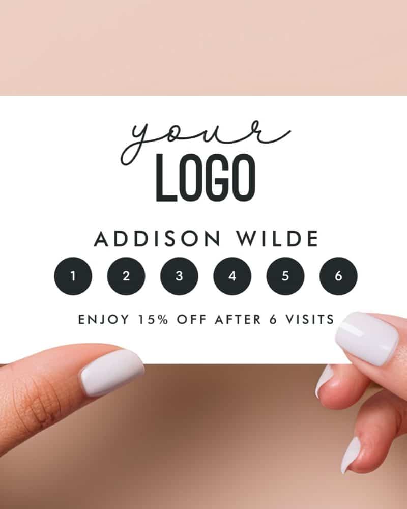 A loyalty card for Addison Wilde, featuring a space for a logo and a six-visit punch card offering 15% off after the sixth visit.