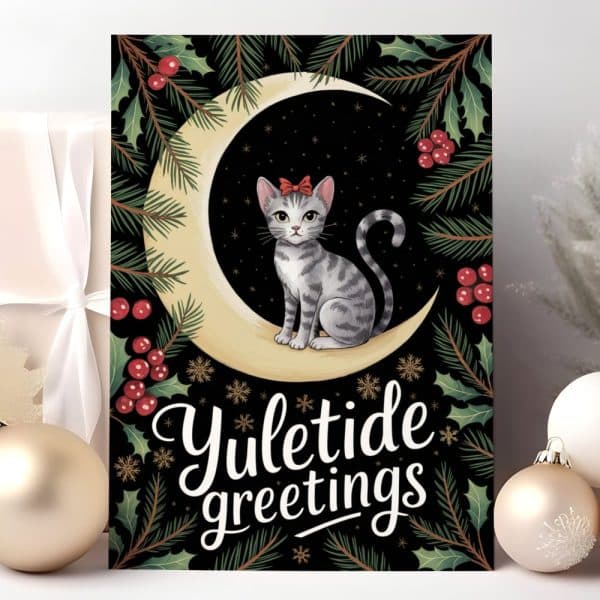 A Grey Tabby Cat Wearing A Red Bow Sits On A Crescent Moon Surrounded By Holly And Pine Branches. The Words Yuletide Greetings Are Below.