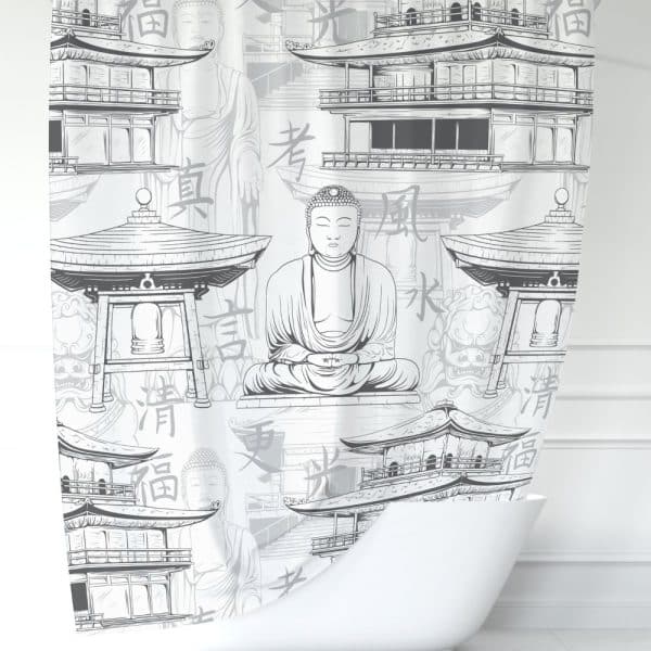 A Gray-Scale Shower Curtain Featuring A Repeating Pattern Of A Meditating Buddha, Japanese Pagodas, And Asian Characters.