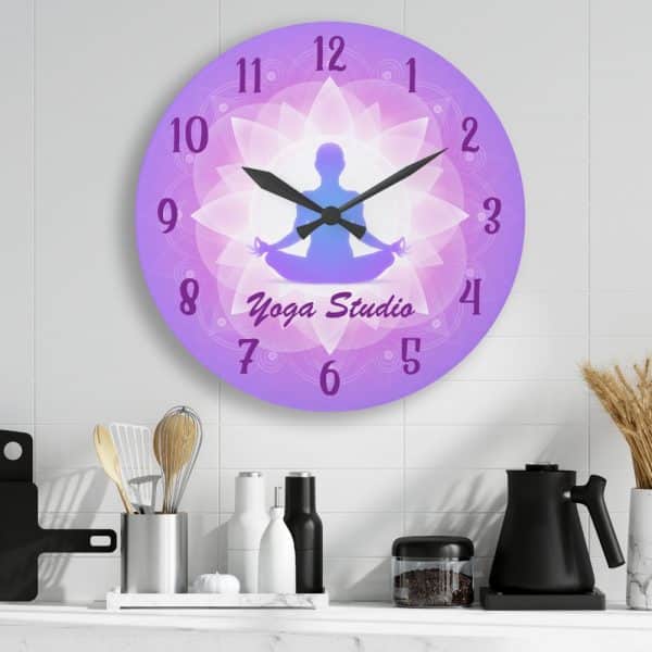 Purple Yoga Studio Clock Featuring A Silhouetted Person In A Lotus Position.